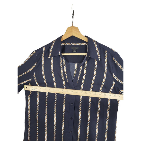 Ann Taylor Chain Link V-Neck Button Up Blouse L Navy Equestrian Career Stripe - Picture 4 of 11